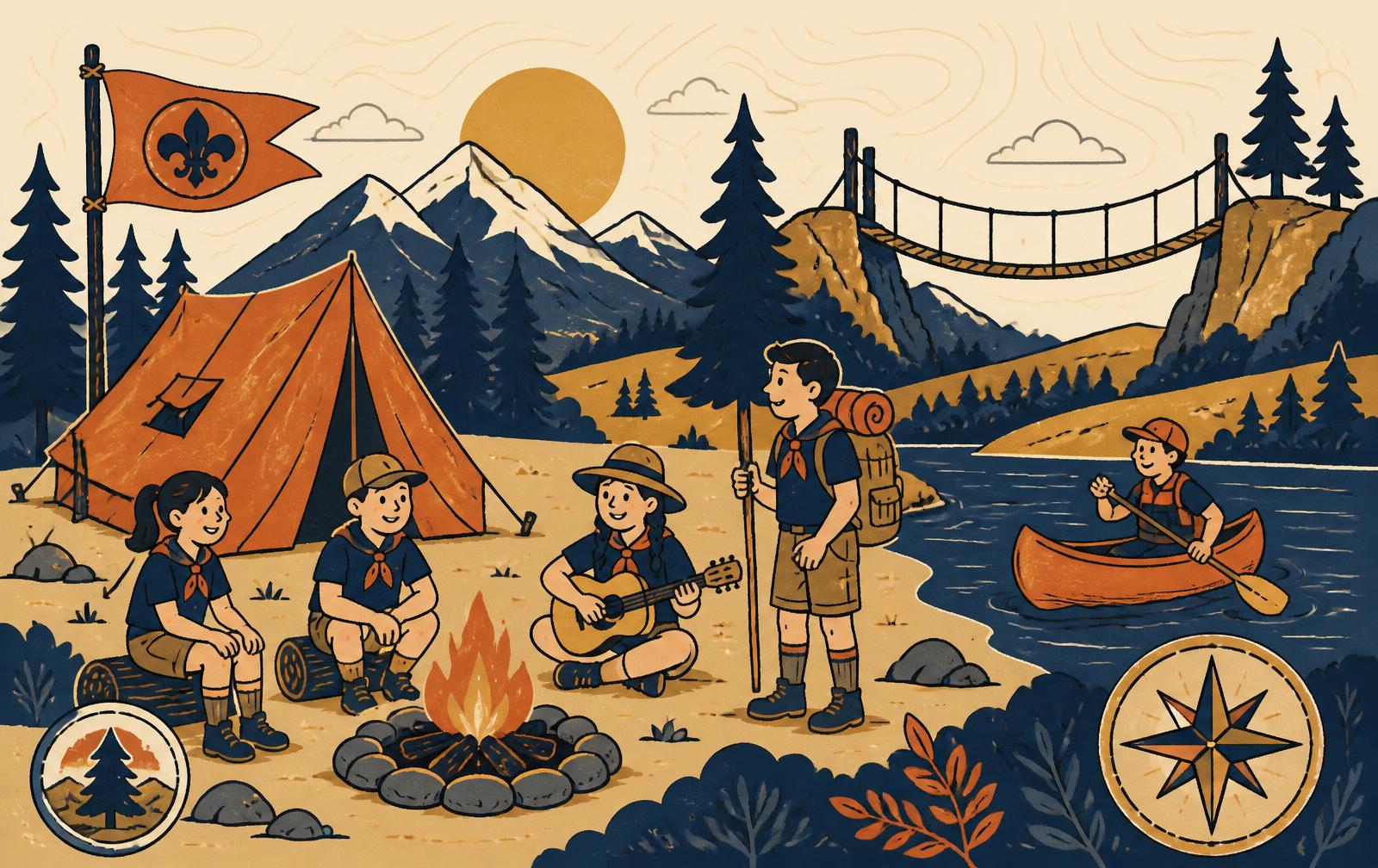 Illustration of a Scout camp with tents, a campfire, a rope bridge and a canoe on a lake